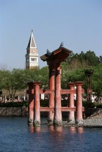 A picture of the Japanese pavillion across the lake at EPCOT.