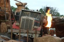 A semi-truck preforms a stunt at the Studios Backlot Tour at the Disney’s Hollywood Studios theme park.